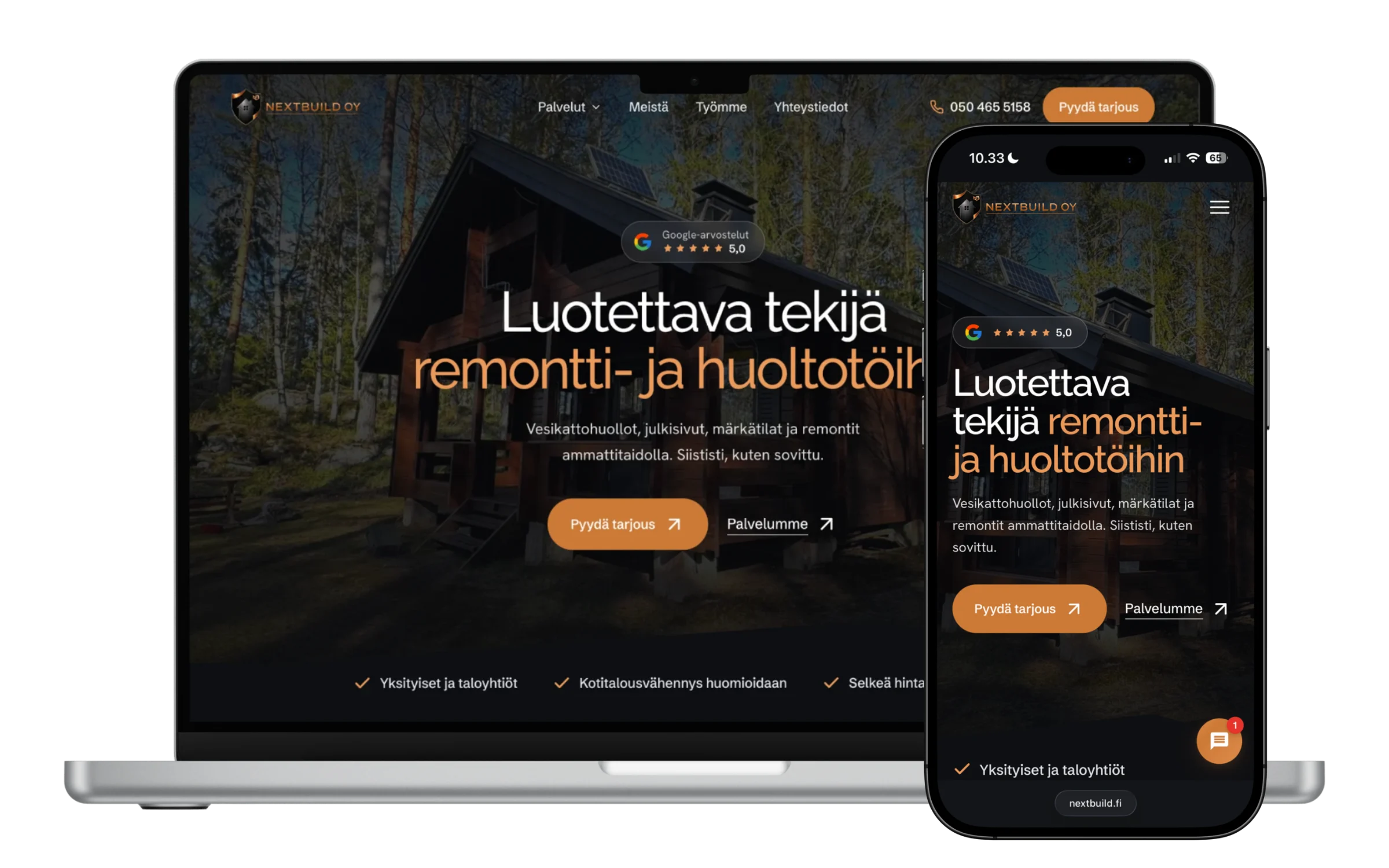 NextBuild nettisivut remonttifirmalle, näkymä tietokoneella ja mobiilissa