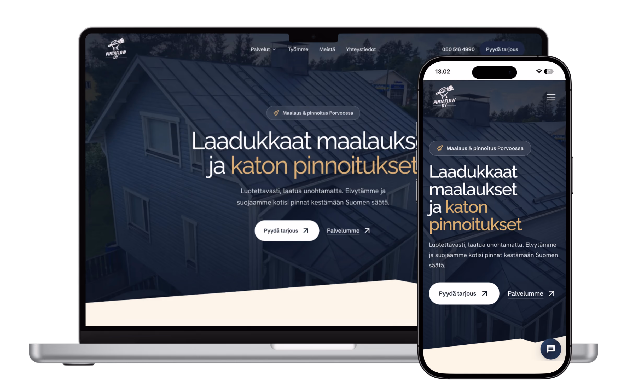 Pintaflow nettisivut maalausliikkeelle, näkymä tietokoneella ja mobiilissa